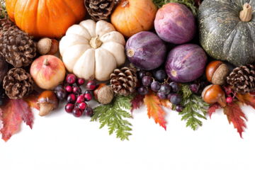 Autumn harvest arrangement with pumpkins gourds and pine cones seasonal decoration for Thanksgiving and fall festivals isolated on white