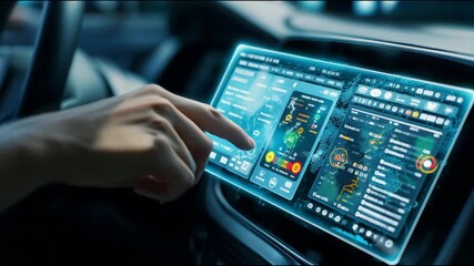 Driver using a smart car's holographic touchscreen display with a global data interface - Powered by Adobe