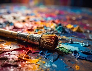 Fototapeta premium A single, worn artist's paintbrush resting on a messy, colorful palette