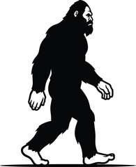 Fototapeta premium Black silhouette of bigfoot walking on a white background