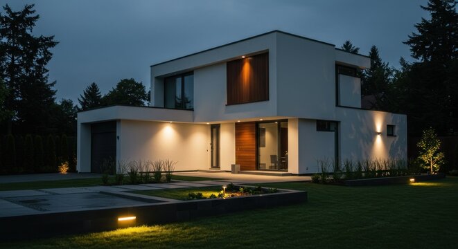 Modern home exterior at night - Powered by Adobe