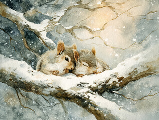 Two adorable squirrels sleeping on a snowy branch in a serene winter landscape concept