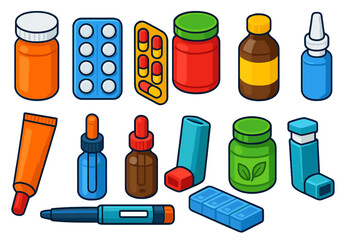 Colorful Medical Essentials. Isometric vector illustration set Medicine essentials: pill bottle, blister pack of tablets, capsule