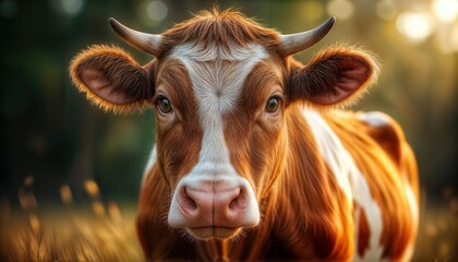 A young brown calf gazes directly at the viewer with big, expressive eyes. The soft lighting highlights its velvety fur and gentle features. This scene captures a moment on a tranquil farm.
