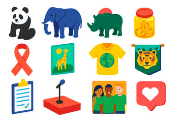 Wildlife Awareness Icons. Isometric vector illustration set Wildlife awareness campaigns: panda mascot, elephant illustration,
