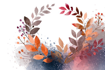 Watercolor autumn wreath with colorful leaves and berries decorative floral frame for seasonal design isolated on white background