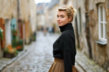 Stylish woman in a burnt wood turtleneck sweater poses confidently on a cobblestone street, showcasing a blend of fashion and urban charm in a picturesque setting