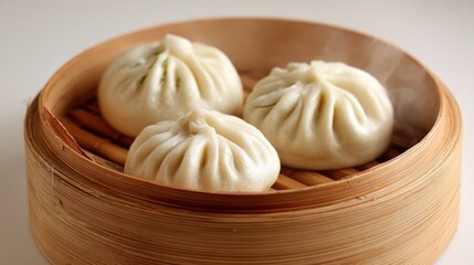 Steamed dumplings in bamboo steamer with soft texture and warm steam
