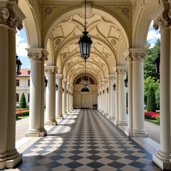 Elegant colonnade in Karlovy Vary, Czech Republic. Ornate architecture, graceful columns, and intricate detailing frame a picturesque scene. Ideal for travel, Czech Republic, landmark, historical