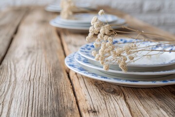 Rustic wooden table featuring elegant plates with floral accents, showcasing a warm and inviting dining atmosphere perfect for gatherings and special occasions