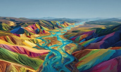 Vibrant Rainbow Mountains and Turquoise River Landscape Aerial View.