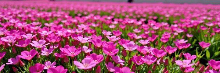 Fototapeta premium Vibrant pink flowers bloom abundantly in a sun-drenched field, creating a breathtaking carpet of color. Delicate petals unfurl against a backdrop of lush green, peace, serenity
