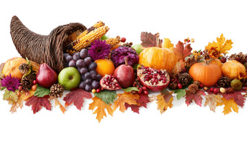 Festive cornucopia overflowing with autumn harvest including fruits vegetables and colorful leaves a seasonal Thanksgiving arrangement