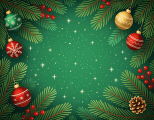 Christmas card - fir branches and Christmas tree balls against a green background