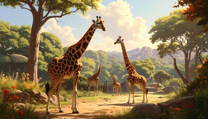 Artistic depiction of giraffes in a natural savanna habitat scene
