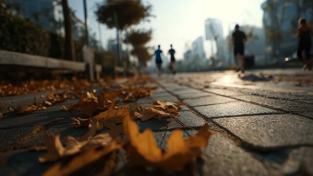 Ultra HD Two people are jogging on a city street with autumn leaves on the ground, morning runing video