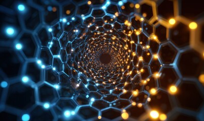 Abstract digital tunnel with glowing lights and hexagonal structures.