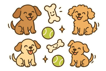 Happy Puppy Stickers. Adorable doodle stickers: happy puppies wagging tails, bones with smiles, tennis balls sparkling, cheerful