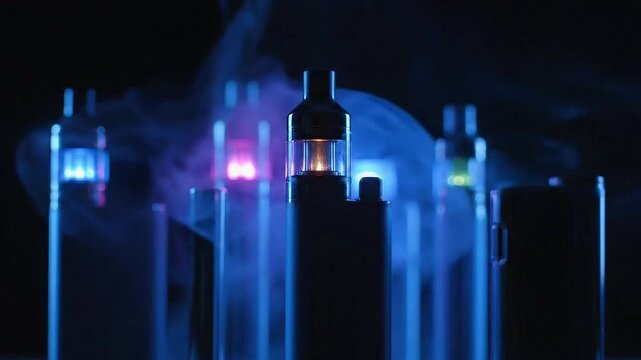 Illuminated Electronic Cigarettes with Vibrant Blue Pink and Green Lights Emitting Smoke Against a Dark Background in a Row Composition