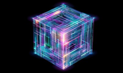 Abstract Glowing Cube with Neon Lines on Black Background.