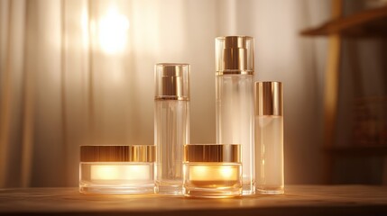 Elegant collection of skincare products with golden accents on wooden surface