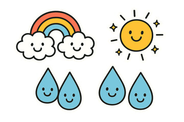 Cheerful Weather Stickers. Cheerful doodle stickers: rainbow hugging the clouds, raindrops with happy faces, sunshine sparkling,