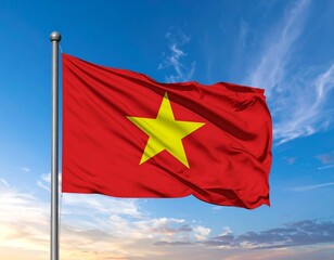 Naklejka premium Flag of Vietnam Waving Against a Sunset Sky