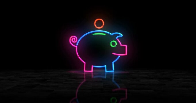 PiggyBox money box savings neon glowing symbol. Light color bulbs. Piggy box finance save abstract concept 3d animation.