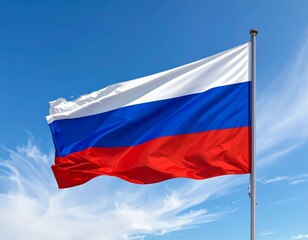 Fototapeta premium Flag of Russia Waving in a Clear Blue Sky