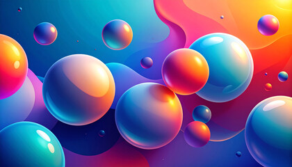 Vibrant abstract background with glossy colorful spheres and swirling gradient patterns creating a dynamic and playful visual effect.