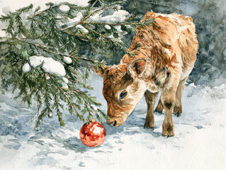 Calf exploring a shiny red ornament beneath a snow-covered pine tree in a winter wonderland