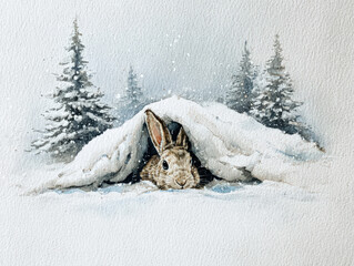 Winter rabbit emerging from snow cave in serene forest landscape with Christmas ambiance