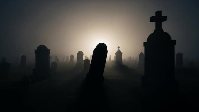 Spooky Cemetery at Night with Fog and Light.