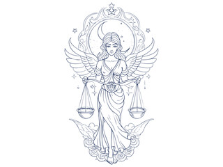 Mystical, Elegant and celestial Libra Zodiac Sign Goddess with Scales of Justice and Astrological Elements, Line art and Silhouette illustration