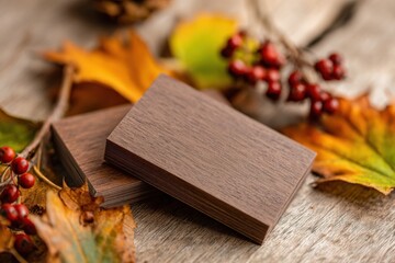 Luxury branding mockup featuring elegant burnt wood business cards surrounded by autumn leaves and berries, showcasing a sophisticated design aesthetic with copy space