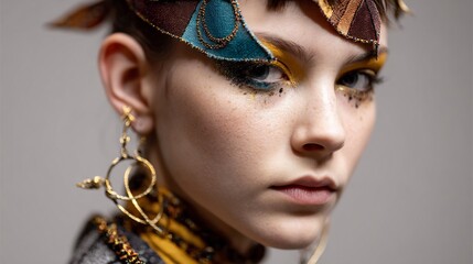 Naklejka premium Close-up portrait of a young woman featuring elaborate golden and teal artistic makeup, shimmering headpiece, and an ornate gold earring.