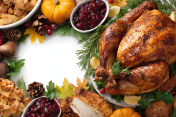 Festive Thanksgiving dinner with roasted turkey cranberry sauce and stuffing arranged in a decorative wreath perfect for holiday celebrations