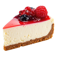 A slice of cheesecake, topped with a vibrant mix of berries and a glossy red glaze