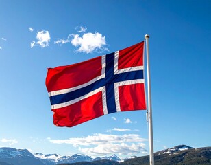 flag of norway Norwegian Flag Waving in Fjord Landscape Under Blue Sky