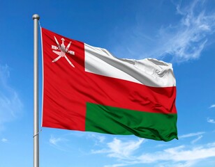 Oman Flag Waving on a Pole Against a Bright Blue Sky