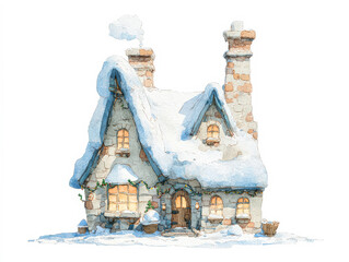 Cozy winter cottage illustration with snow-covered roof and warm glowing windows for holiday spirit