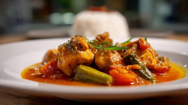Angolan Moamba de Galinha served isolated in a deep white plate, chicken pieces in moamba (palm oil sauce), okra and tomatoes