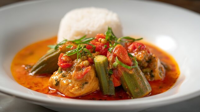 Angolan Moamba de Galinha served isolated in a deep white plate, chicken pieces in moamba (palm oil sauce), okra and tomatoes