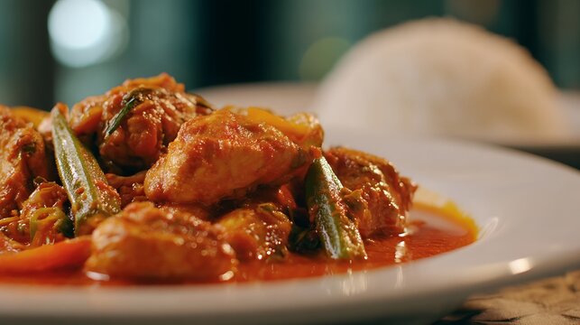 Angolan Moamba de Galinha served isolated in a deep white plate, chicken pieces in moamba (palm oil sauce), okra and tomatoes