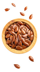 Flax seeds in a wooden bowl, scattered