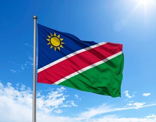 flag of Namibia Namibian Flag Waving against on the blue sky and sun 