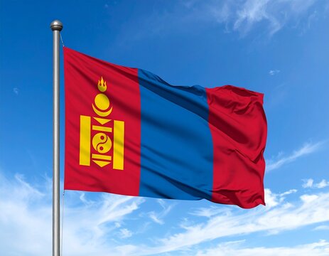 flag of Mongolia Mongolian Flag Waving with Soyombo Symbol Against Blue Sky