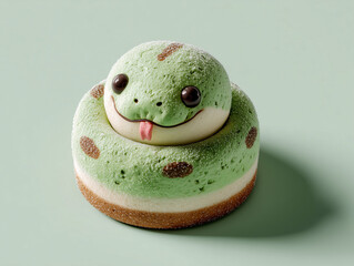 a round kawaii cake shaped like a snake face, pastel green with a tiny sugar tongue