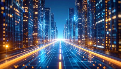 Cityscape at Night with Glowing Lights and Abstract Lines