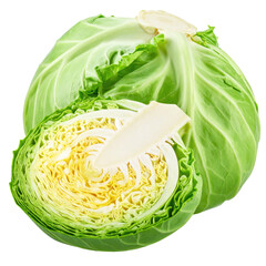 Fresh head of cabbage, halved, displaying vibrant green outer leaves and pale yellow interior